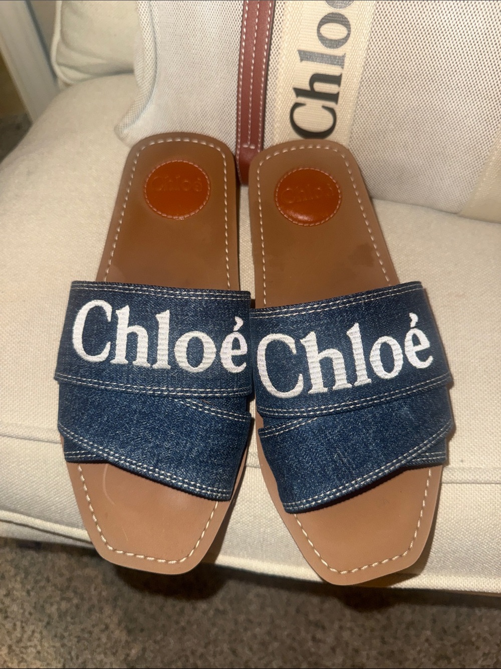 Authentic Chloé Denim Logo Slide Sandals in Blue and Tan